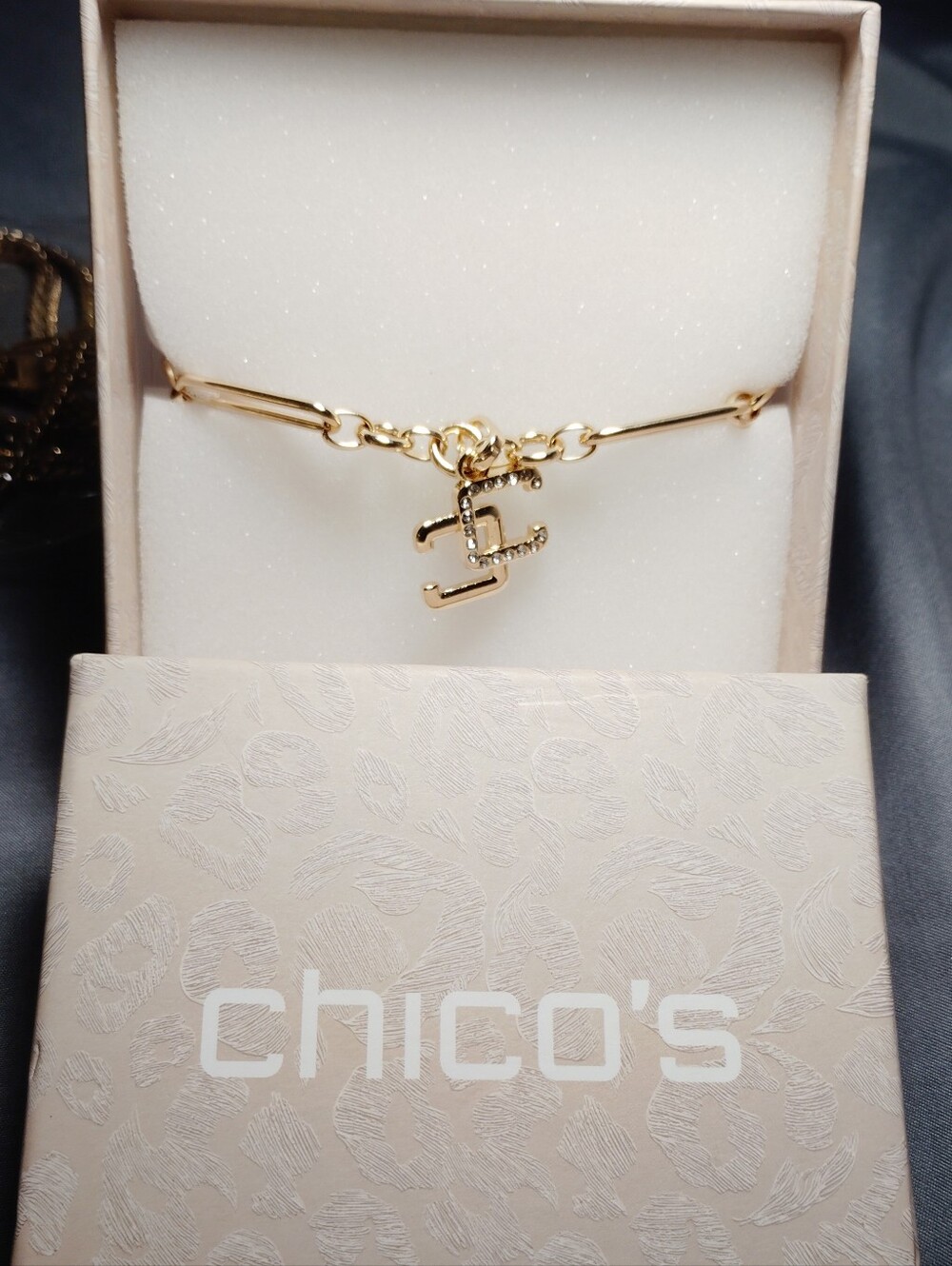 NWT Chico's Gold Tone CC Crystal Charm Bracelet in Gift Box